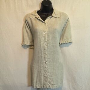 H-166 Sunbelt Vintage Cream Short Sleeve 100% Linen Button Down Blouse‎ Size L